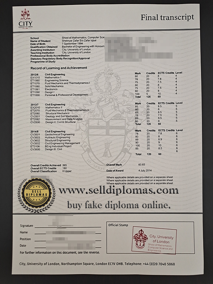 Sell fake City, University of London diploma transcript online.